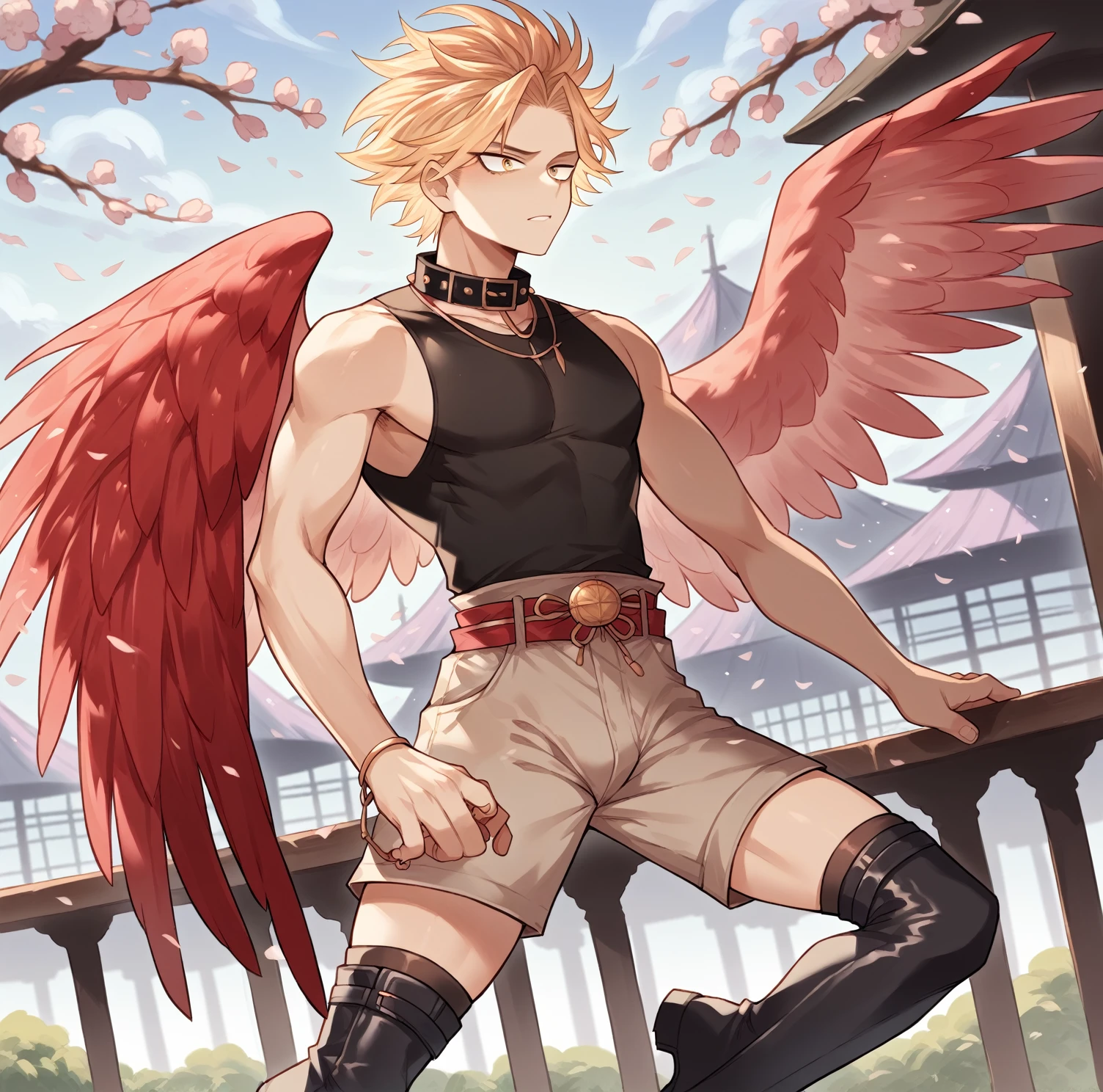 [1], Alone, chico submissive delicate, gay blonde, slicked back hair with two front strands, gold eyes, red bird wings on its back, fine ranges, delicate, submissive, curves in the thighs, small waist, delicate hands, Clothes: dark sleeveless long collar shirt, light brown shorts, long dark thigh high stockings, black boots, apariencia submissive, scenery: park, leaning on a bar, Cherry blossoms, Hawks, Boku no hero academia