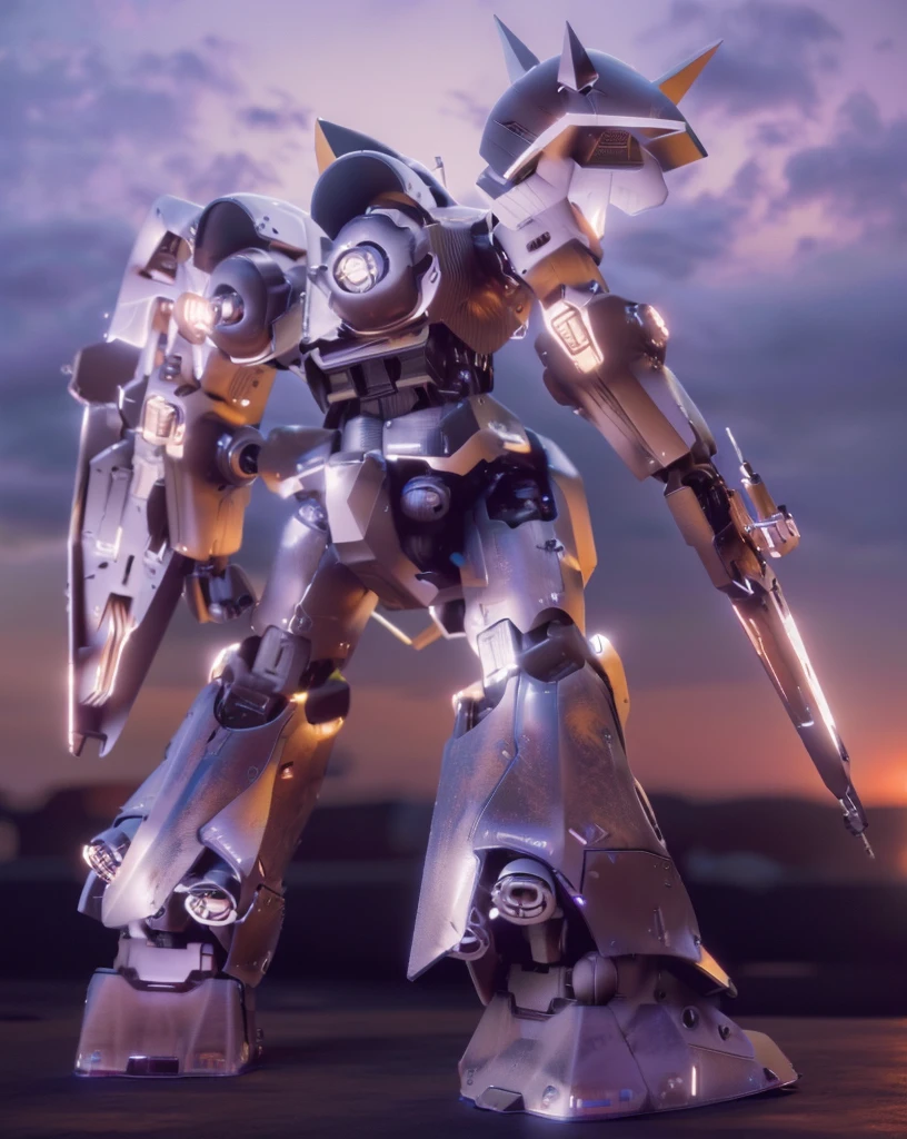 (A giant mecha standing on a battleship, the horizon, the setting sun,), FULL BODY:1. 6, (subdivisions, mechanical,  high-tech, Jetwork, piston, robotic frame, metal joints, rubber cable), (SF, Hard Surface, Armor, Metal Bolt, Robotic,), (CGI, 3D, Realistic),