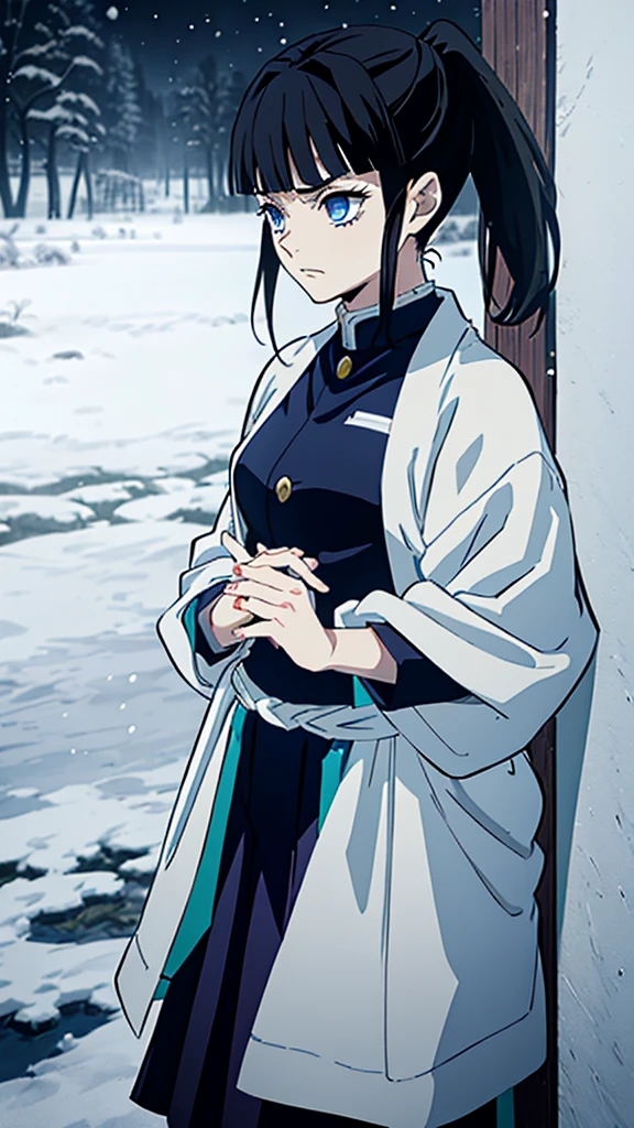 Kimetsu no Yaiba style, 1 mature, girl, blue eyes, a hashira, pretty, long dark brown hair in ponytail, curtain bangs, annoyed expression, noble, Pillar Demon Slayer, wearing demon slayer uniform, snow ability, snow magic, holding a blue demon slayer sword, night, snowing, dark and snowy background