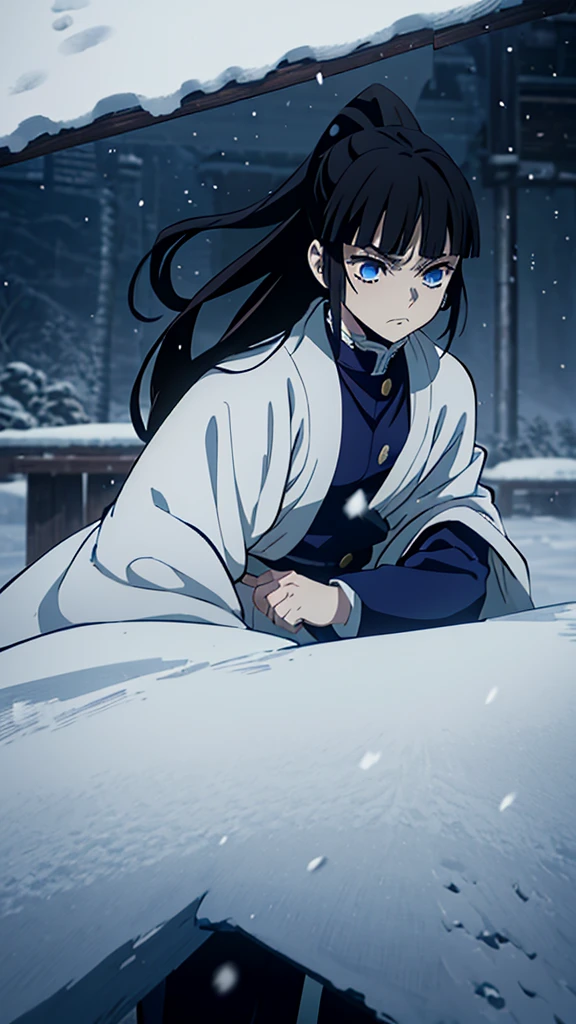Kimetsu no Yaiba style, 1 mature, girl, blue eyes, a hashira, pretty, long dark brown hair in ponytail, curtain bangs, annoyed expression, noble, Pillar Demon Slayer, wearing demon slayer uniform, snow ability, snow magic, holding a blue demon slayer sword, night, snowing, dark and snowy background