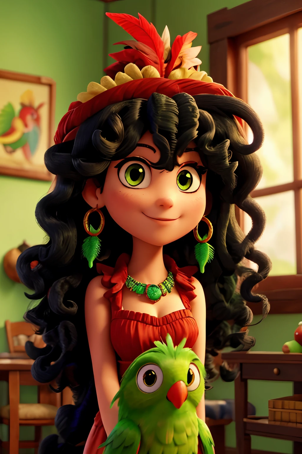 A woman with long black curly hair and green eyes facing a parrot with red feathers on her head.
The parrot is smiling with very big eyes