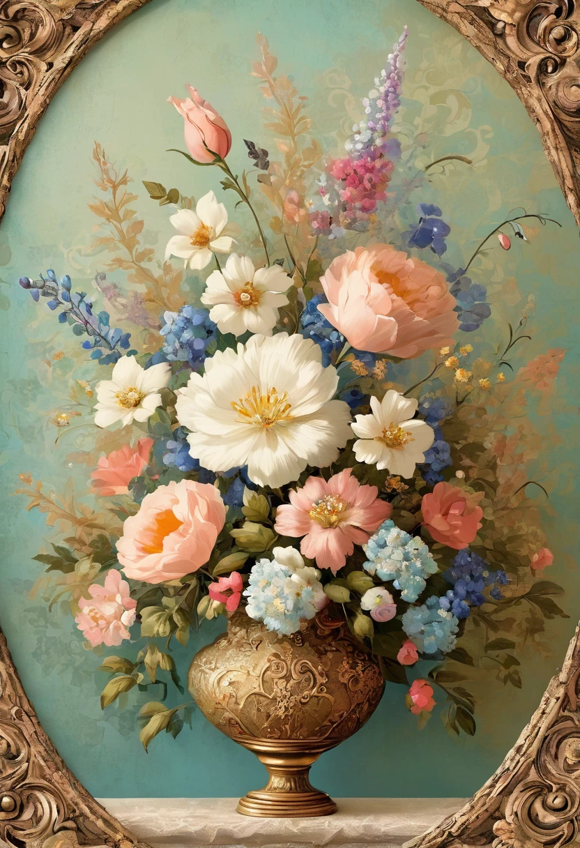 there is a picture of a picture of a beautiful flower arrangement, by Cindy Wright, floral painted backdrop, pastel flowery background, inspired by Cindy Wright, baroque style painting backdrop, dreamy floral background, vintage muted colors, floral lacework, retro vintage and romanticism, collage art background, inspired by Daniel Merriam, flower, victorian lace, dreamy and detailed,auto