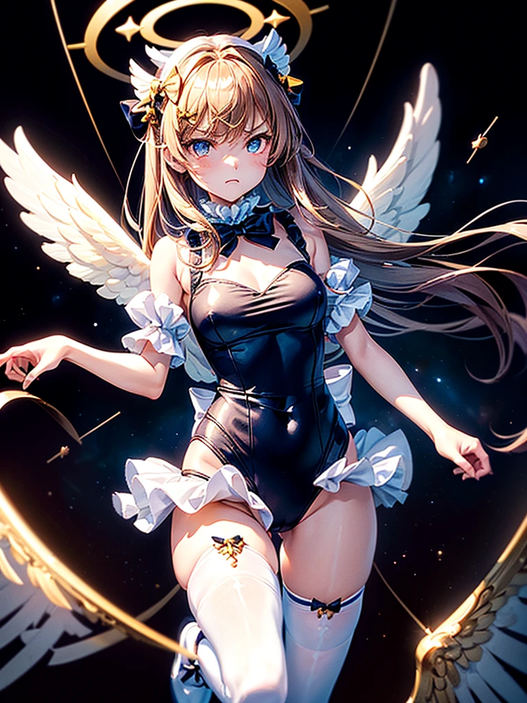 Highest quality,Highest Resolution,Beautiful girl with angry face in maid leotard,Frills,High leg,(((Floating in the air))),Halo,(((universe space))),Milky Way,meteor,Very beautiful eyes,(((White angel wings on the back))),whole body,long hair,(((Shoot a bow))),Knee-high stockings,Floating in the air,