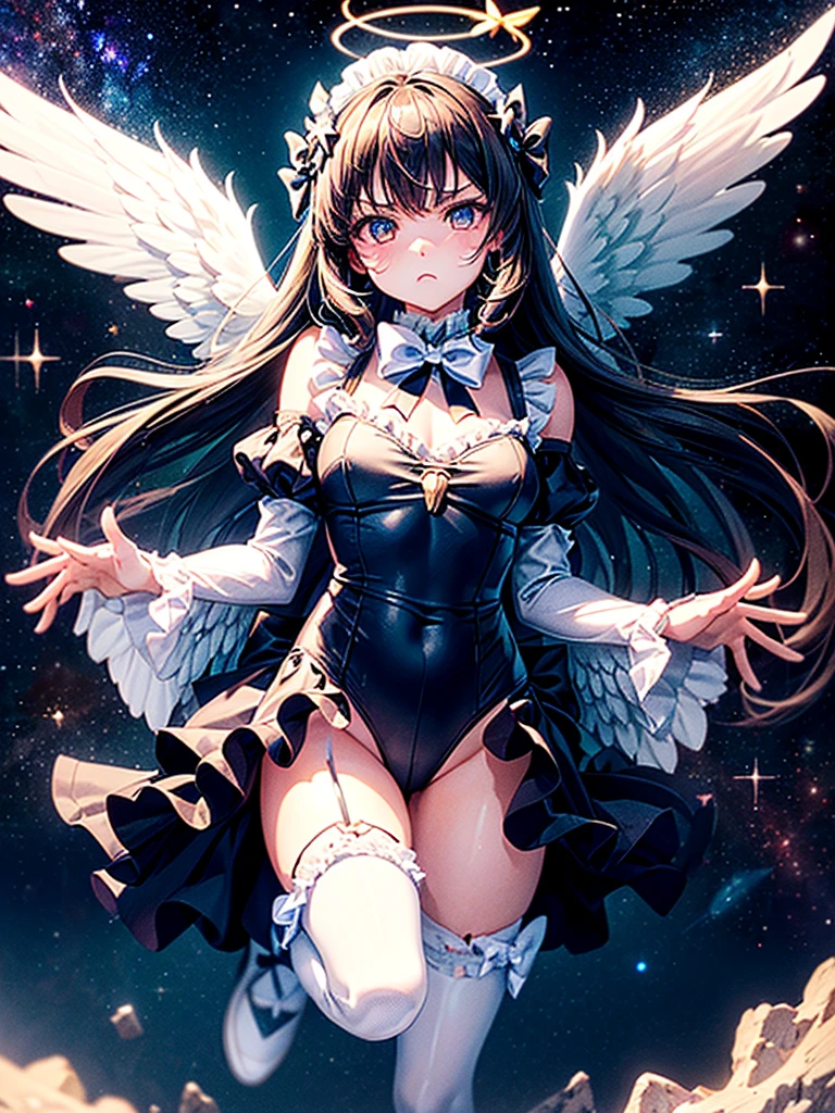 Highest quality,Highest Resolution,Beautiful girl with angry face in maid leotard,Frills,High leg,(((Floating in the air))),Halo,(((universe space))),Milky Way,meteor,Very beautiful eyes,(((White angel wings on the back))),whole body,long hair,(((Shoot a bow))),Knee-high stockings,Floating in the air,