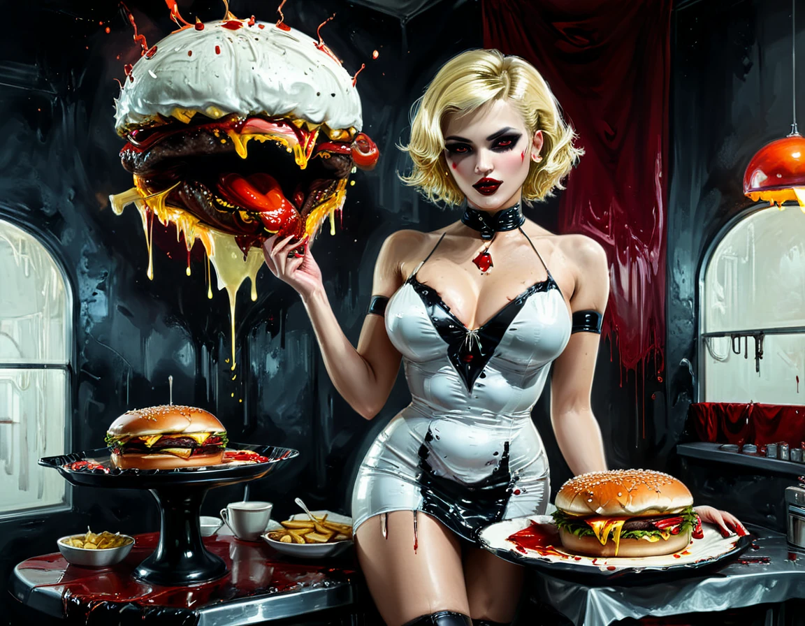 a 3D digital painting picture of extremely (beautiful female vanpire:1.3) ((serving a big juicy raw hamburger: 1.3)) on a tray, dripping blood in a goth American diner, an exquisite beautiful female (vampire:1.3), (full body: 1.3) ultra feminine ultra detailed face, blond hair, short hair, red lips, red eyes, glowing eyes, wearing  glamour white seductive latex dress, serving a goth diner American kitchen background, full body dynamic angle, , award winning, best quality, high quality, high details, highres, vibrant, Ultra-high resolution, High Contrast, (masterpiece:1.5), highest quality, Best aesthetics, best details, best quality, highres, ultra wide angle, 16k, [ultra detailed], masterpiece, best quality, photorealistic, 3D rendering, Cinematic Hollywood Film, chumbasket art style