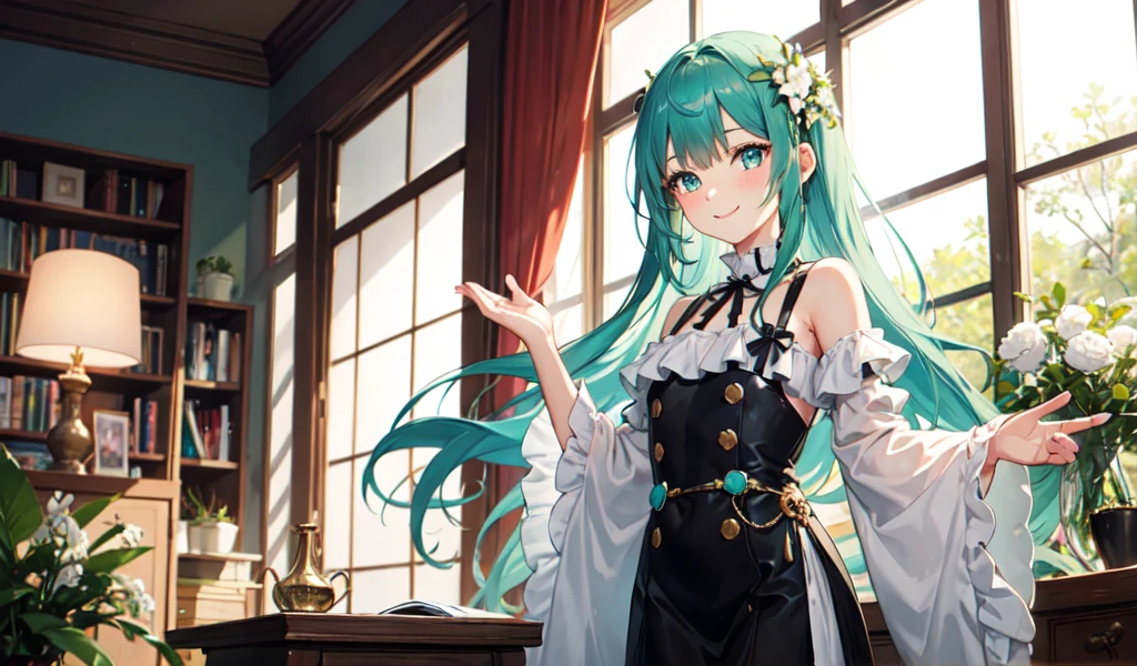 Draw a single woman. Create a high-quality anime image of a beautiful female character with long, flowing aqua-green hair adorned with white flowers. She has large, sparkling blue eyes and a gentle smile with a slight blush on her cheeks. The character wears a stylish black outfit with intricate details, including black ruffled sleeves and a cross-strap design on the back. A pink ribbon and a golden heart accentuate her waist. She is looking towards you, winking and smiling very much.

The setting is a bright, cozy room with sunlight streaming in from the ceiling giving the character a warm glow. The background includes a small bookshelf, green plants and other elements that contribute to a calm, inviting atmosphere.

The overall atmosphere of the image should be bright and a little flirty, highlighting the character's charm and attractive personality.　arched back