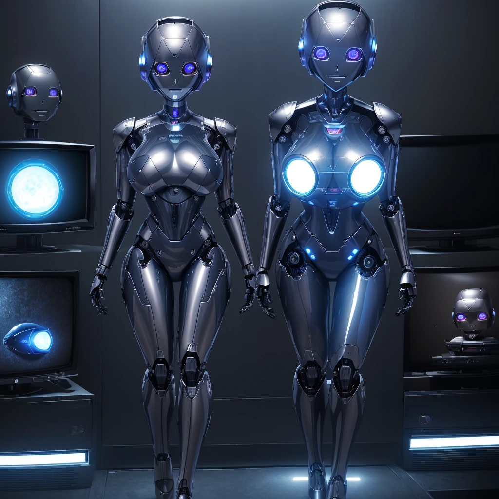 (masterpiece) (high Res), (((robot))), (Perfect face), (perfect anatomy), robot woman with a television head, in super tight clothes, (office suit), (mini skirt), shirt, tie, happy,((blue glowing eyes)), huge breast, narrow waist, wide hips, thick thighs, Brown skin, metal body, black high heels, ((((TV Head)))), (tv girl), ((((Television Head)))), ((((faceless)))).