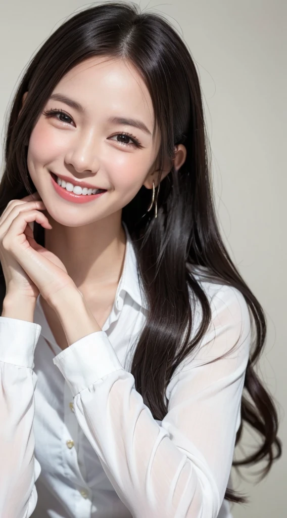 smiling woman and a white shirt holding her hand on her chin, Charming smile, perfect smile, smiling woman, beautiful smile, Beautiful and smiling, Beautiful white teeth, Welcoming smile, A cute smile, Soft, moist lips, smiling brightly, Fashion model smiling face, ด้วยbeautiful smile, The girl smiled., Beautiful smile, ใบหน้าBeautiful smile, Face of a happy fashion model