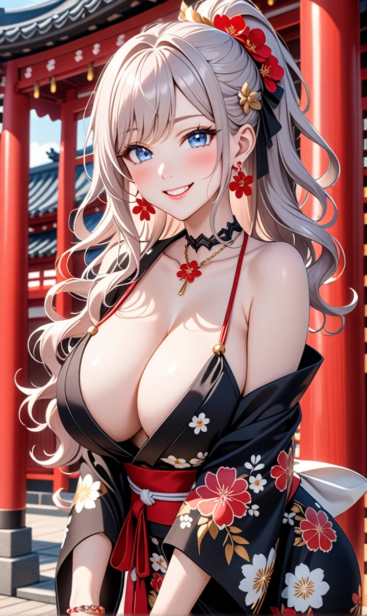 ultra-detailed, ((one girl)), (pale skin:1.4), in pastel colors gyaru, (heavy makeup), (professional lighting) hyper detailed, absurdres, 8K, Beautiful Face, (Laugh shyly), ((teasing smile:1.8)), ((Wink:1.7)), (Laugh with your mouth wide open),((Tilt your face:1.6)), View your viewers, ((Bright red cheeks:1.6)),Glossy Red Lips, ((Big Breasts:1.6)), ((undressing:1.2)), noon, Shrine festival venue, ((Anime style background)),masterpiece, Highest quality, so beautiful,Latest, Complex details, (Pink long nails), (nail art), (ring),(bracelet), (Floral Choker),AI-generated, Complex,High resolution, Highest quality, super high quality,3D Images、3D Images,One person,Pastel silver long hair,(High Ponytail), (wavy hair:1.3), Pastel anime woman posing for a photo, ((Fine grain、blue eyes、glowing eyes:1.4)), (Squint your eyes:1.1),a hyperRealistic , hyperRealistic , Realistic,Anime woman with long pastel white hair, Smooth anime CG art, A girl in a gorgeous black kimono, ((Black long-sleeved kimono)),(Pink large floral pattern), Golden embroidery, (sideboob), Long flower hair ornament,Floral Earrings,japanese pouchを手に持つ,Mature Body, tall,Narrow waist, ((from side:1.2)), ((leaning forward)),