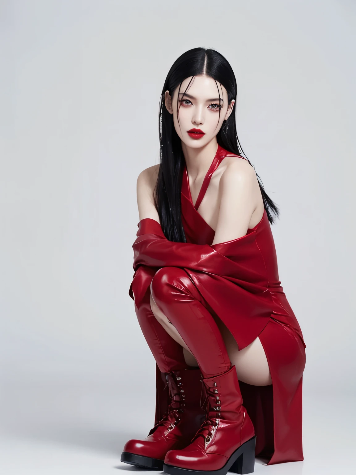 a tall woman, straight and wet black hair, brown eyes, long red eyelashes and red lipstick, mysterious eyes, inspired by a vogue editorial, she is wearing a stunning avant-garde structured and asymmetrical dress. she is on a white background, showing all the dress and her platform red combat boots