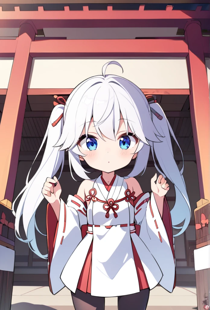 1 girl, cute, young, white hair, twintail, blue eyes, miko clothes, mini skirt, black tights,