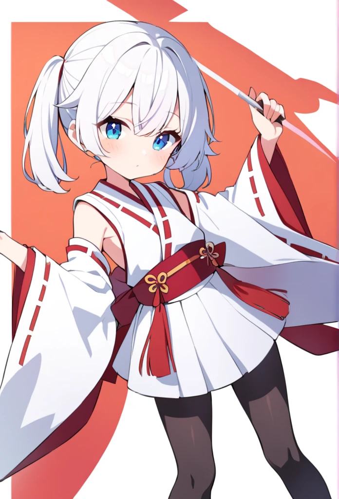 1 girl, cute, young, white hair, twintail, blue eyes, miko clothes, mini skirt, black tights,