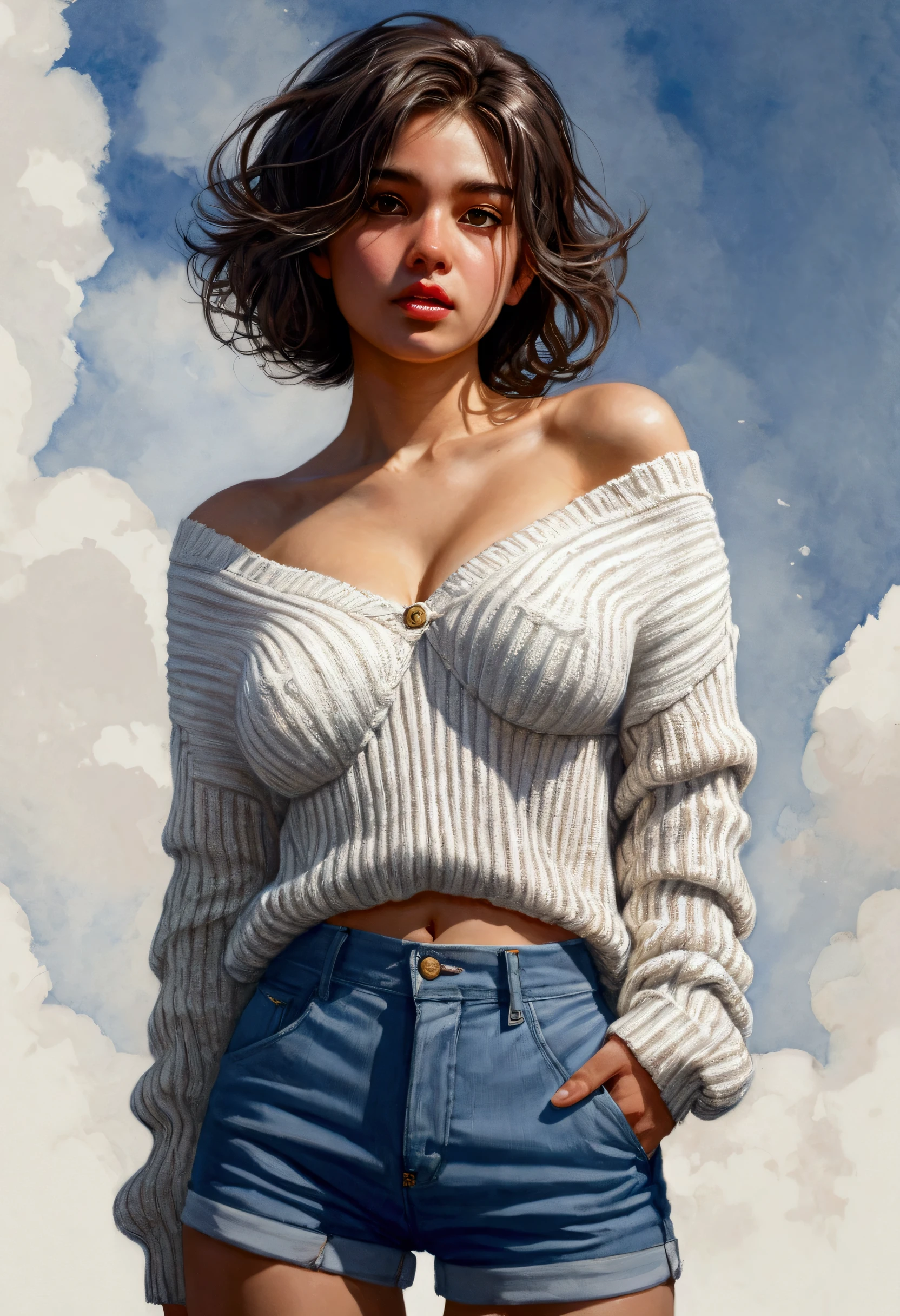 (), big ,(masterpiece), best quality, extremely detailed, (watercolor), bloom, delicate and beautiful, illustration, (from below),(1girl:1.4), (solo:1.2), large breasts, (ribbed sweater:1.3), off-shoulder sweater, (short shorts:1.2), bare shoulders, (underboob), ((dark skin:0.8)), beautiful eyes, (disheveled hair ), photography, over-the-shoulder shot, by Alex Maleev, professional, canon camera, nikon camera, sharp, bokeh, studio quality, fisheye lens, by Robert Capa ,