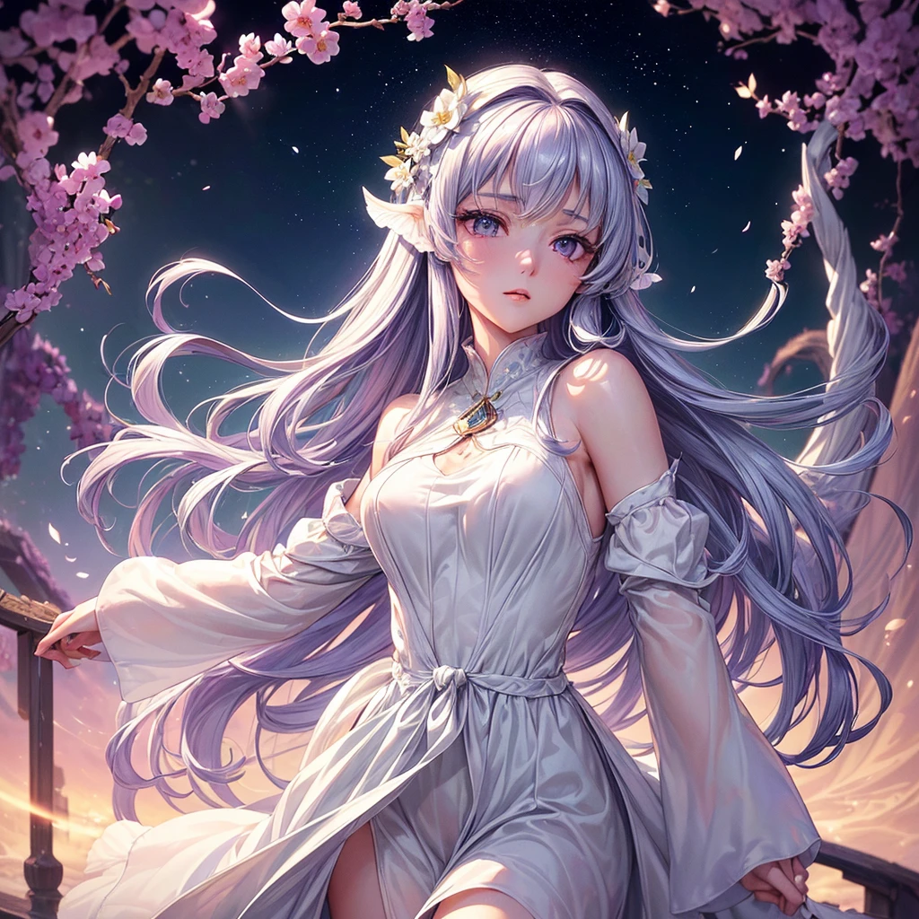 (最high quality, High resolution:1.2), Super detailed, Mysterious, Ethereal atmosphere, Beautiful attention to detail, Detailed lips, Frontal portrait, Nostalgic atmosphere, Crystal-like, fortune teller, masterpiece, Shrinkage rate(8K, 最high quality, masterpiece: 1.2), Fire emblem: Genealogy of the Holy War,Deirdre,purplish-silver hair,Wavy Hair,Fleeting,Long walking stick,White robe,beautiful girl,Moonlit Night,y,Glamour,Purple eyes,sacred,Dynamic pose,One Girl,Flower Field,Lakeside(the best品質を最高に8K, CG, Beautiful and exquisite upper body, Floral forest background, Complex facial features, Almond Eyes, Exquisite eye makeup, Long eyelashes fluttering, Blinking big eyes, (masterpiece, 最high quality, the best, Official Art, Beautiful and beautiful, Long-term exposure: 1., Smooth movement, Attractive patterns, 1 Girl, (Long sleeve dress: 1.3), (((White clothes) )), Delicate face,Lavender colored hair,Wavy Hair, Gradient Hair,Long Hair, Bare shoulders, ,Detailed Background, Delicate face,, Dynamic pose, Suspended particles, Ethereal atmosphere,gem,One Girl,goddess，Delicate and beautiful face,Flowing，Perfect balance, Detailed clothing details,Cinema Lighting, Film Grain, Fujicolor, masterpiece, Textured skin, Very detailed, High detail, high quality, High resolution,