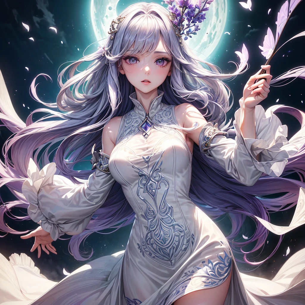 (最high quality, High resolution:1.2), Super detailed, Mysterious, Ethereal atmosphere, Beautiful attention to detail, Detailed lips, Frontal portrait, Nostalgic atmosphere, Crystal-like, fortune teller, masterpiece, Shrinkage rate(8K, 最high quality, masterpiece: 1.2), Fire emblem: Genealogy of the Holy War,Deirdre,purplish-silver hair,Wavy Hair,Fleeting,Long walking stick,White robe,beautiful girl,Moonlit Night,sexy,Glamour,Purple eyes,sacred,Dynamic pose,One Girl,Flower Field,Lakeside(the best品質を最高に8K, CG, Beautiful and exquisite upper body, Floral forest background, Complex facial features, Almond Eyes, Exquisite eye makeup, Long eyelashes fluttering, Blinking big eyes, (masterpiece, 最high quality, the best, Official Art, Beautiful and beautiful, Long-term exposure: 1., Smooth movement, Attractive patterns, 1 Girl, (Long sleeve dress: 1.3), (((White clothes) )), Delicate face,Lavender colored hair,Wavy Hair, Gradient Hair,Long Hair, Bare shoulders, ,Detailed Background, Delicate face,, Dynamic pose, Suspended particles, Ethereal atmosphere,gem,One Girl,goddess,Delicate and beautiful face,Flowing,Perfect balance, Detailed clothing details,Cinema Lighting, Film Grain, Fujicolor, masterpiece, Textured skin, Very detailed, High detail, high quality, High resolution,