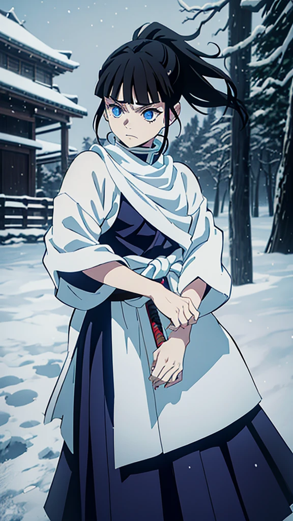 Kimetsu no Yaiba style, 1 mature, girl, blue eyes, a hashira, pretty, long dark brown hair in ponytail, curtain bangs, annoyed expression, noble, holding sword, Pillar Demon Slayer, wearing demon slayer uniform, snow ability, snow magic, holding a blue demon slayer sword, night, snowing, dark and snowy background