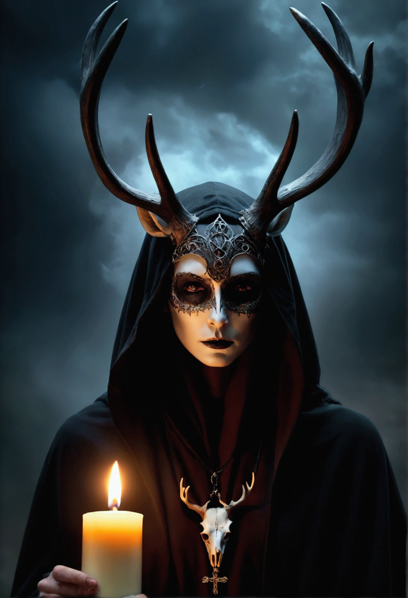 (best quality,4k,8k,highres,masterpiece:1.2),ultra-detailed,(realistic,photorealistic,photo-realistic:1.37),horror,dark,occult,gloomy,color scheme,night time,shadowy,gloomy,ominous atmosphere,A person wearing a deer skull on their head,black robe,candle,burning, flickering light,satanic alter,creepy,dark magic,vivid colors,surrealistic,moonlight,shadows dancing,haunting,spooky aesthetic,ethereal,mysterious figure,ancient ritual,demonic presence,foreboding,menacing,macabre,occult symbols,cryptic writings,mystical,misty atmosphere,pale moonlight,gothic elements,ominous shadows,ghostly,ominous candles,whispering shadows,foreboding darkness,spellbinding,unearthly,unsettling energy,thick darkness,enchanted scenery,total darkness,forbidden rituals,lit by the candlelight,supernatural energies,esoteric knowledge,nightmare-like,hauntingly beautiful,cloaked figure,hooded,mesmerizing,hidden secrets,esoteric meanings,confounding,encrypting,key to the unknown,nightmarish,dark aura,unveiling the shadowy truth,strange and otherworldly,dark glamour,peculiar and eerie ambiance,sinister figure,silent,grim,ancient mysticism,otherworldly presence,ominous atmosphere,casting eerie shadows,dark enchantments,diabolical,cloaked in darkness.