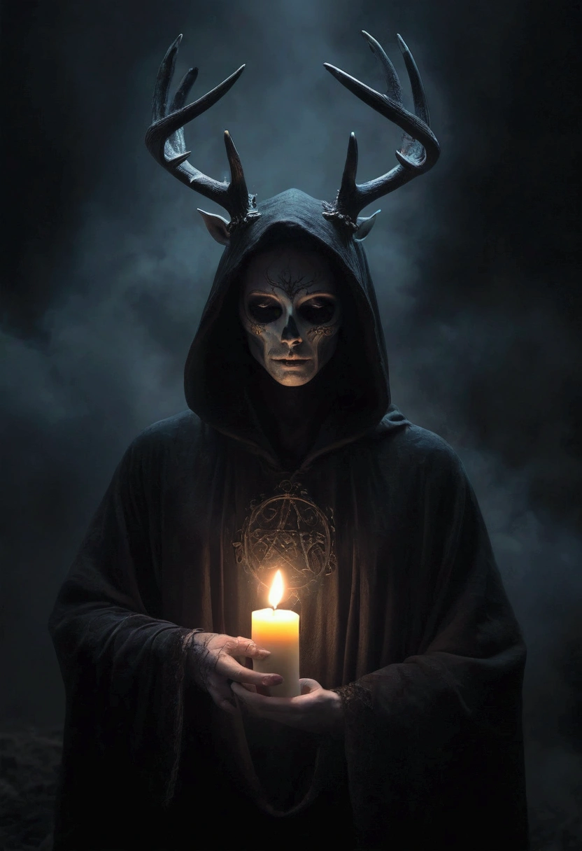 (best quality,4k,8k,highres,masterpiece:1.2),ultra-detailed,(realistic,photorealistic,photo-realistic:1.37),horror,dark,occult,gloomy,color scheme,night time,shadowy,gloomy,ominous atmosphere,A person wearing a deer skull on their head,black robe,candle,burning, flickering light,satanic alter,creepy,dark magic,vivid colors,surrealistic,moonlight,shadows dancing,haunting,spooky aesthetic,ethereal,mysterious figure,ancient ritual,demonic presence,foreboding,menacing,macabre,occult symbols,cryptic writings,mystical,misty atmosphere,pale moonlight,gothic elements,ominous shadows,ghostly,ominous candles,whispering shadows,foreboding darkness,spellbinding,unearthly,unsettling energy,thick darkness,enchanted scenery,total darkness,forbidden rituals,lit by the candlelight,supernatural energies,esoteric knowledge,nightmare-like,hauntingly beautiful,cloaked figure,hooded,mesmerizing,hidden secrets,esoteric meanings,confounding,encrypting,key to the unknown,nightmarish,dark aura,unveiling the shadowy truth,strange and otherworldly,dark glamour,peculiar and eerie ambiance,sinister figure,silent,grim,ancient mysticism,otherworldly presence,ominous atmosphere,casting eerie shadows,dark enchantments,diabolical,cloaked in darkness.