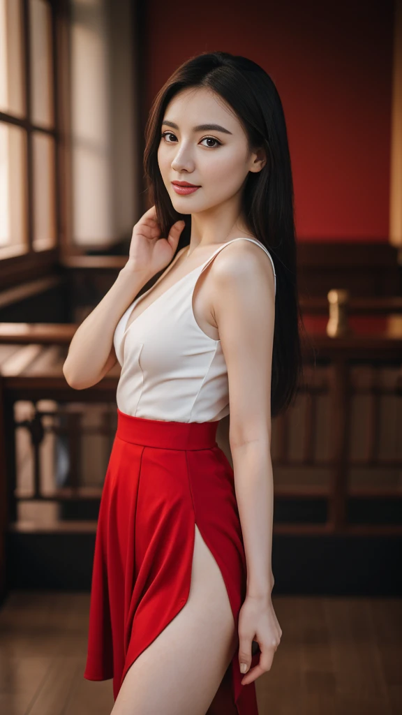 a Chinese woman with beautiful Delicate eyes, Beautiful and delicate lips, Extremely detailed face and skin, Pale skin, 23 years old,wearing a red dress, skirt, high heels, medium long shot, dancing in the dance hall, beautiful lights,Full breasts，long legs, full body portrait. Beautiful photography，Long eyelashes, Good anatomy , Practical skin texture, Delicate eyes, professional, 4K, Wide-angle lens, Optical Depth of Field, Kodak Vision Color, Perfectly proportioned body, Extremely detailed, ultra-photoPractical, Practical, Post-Processing, Maximum details, Roughness, real life, ultra -Practical, Photorealism, photography, 8k Ultra HD, photography