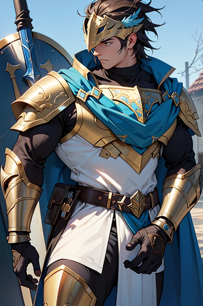 clearing! Let's create a detailed character:
**name:** Sir Alaric
**kor:** 18-years old
**Physical description:**
- **Height:** 1,75m - **Constitution:** Strong and athletic, with well-defined muscles due to intense training.
- **body hair:** dark brown, short and shaggy.
- **eyeballs:** greens, expressive and determined.
- **muka:** Youngh, with striking features and a firm chin. Has some scars from previous battles.
- **Skinned:** clear, with signs of sun exposure due to long periods outdoors.
**Fixtures:**
- **armour:** A polished plate armor, with details in gold and blue. The armor is custom made, offering maximum protection without sacrificing mobility.
- **breastplate:** A robust piece that protects the torso, with a family emblem carved in the center.
- **clamps:** Protections that cover the forearms to the elbows.
- **shin guards:** Metal pieces that cover the legs up to the knees.
- **Elmo:** A simple helmet, with a visor that can be raised. The helmet has a crest of blue feathers, symbol of your home.
- **shield:** A large battle shield, almost as tall as him, with steel reinforced edges. The shield is decorated with your family's coat of arms, representing courage and honor.
- **elsword:** A long, well-kept sword, kept in a sheath next to your waist.
**Posture and Appearance:**
**facing the front:**
- Sir Alaric is standing, with the shield positioned in front of your body, covering it from head to toe.
- His right hand rests on the hilt of the sword, ready to withdraw at any time.
- The helmet is slightly tilted, suggesting that he is alert and prepared for any threat.
- Armor reflects light, standing out even in the midst of battle.
**from sideways:**
- Sir Alaric is seen in profile, with the shield raised to his left, protecting you from side attacks.
- Your body is slightly tilted forward, in an aggressive defensive position, ready to advance or retreat as needed