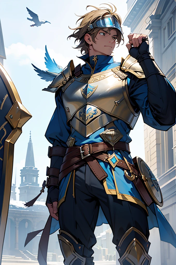 clearing! Let's create a detailed character:
**name:** Sir Alaric
**kor:** 18-years old
**Physical description:**
- **Height:** 1,75m - **Constitution:** Strong and athletic, with well-defined muscles due to intense training.
- **body hair:** dark brown, short and shaggy.
- **eyeballs:** greens, expressive and determined.
- **muka:** Youngh, with striking features and a firm chin. Has some scars from previous battles.
- **Skinned:** clear, with signs of sun exposure due to long periods outdoors.
**Fixtures:**
- **armour:** A polished plate armor, with details in gold and blue. The armor is custom made, offering maximum protection without sacrificing mobility.
- **breastplate:** A robust piece that protects the torso, with a family emblem carved in the center.
- **clamps:** Protections that cover the forearms to the elbows.
- **shin guards:** Metal pieces that cover the legs up to the knees.
- **Elmo:** A simple helmet, with a visor that can be raised. The helmet has a crest of blue feathers, symbol of your home.
- **shield:** A large battle shield, almost as tall as him, with steel reinforced edges. The shield is decorated with your family's coat of arms, representing courage and honor.
- **elsword:** A long, well-kept sword, kept in a sheath next to your waist.
**Posture and Appearance:**
**facing the front:**
- Sir Alaric is standing, with the shield positioned in front of your body, covering it from head to toe.
- His right hand rests on the hilt of the sword, ready to withdraw at any time.
- The helmet is slightly tilted, suggesting that he is alert and prepared for any threat.
- Armor reflects light, standing out even in the midst of battle.
**from sideways:**
- Sir Alaric is seen in profile, with the shield raised to his left, protecting you from side attacks.
- Your body is slightly tilted forward, in an aggressive defensive position, ready to advance or retreat as needed