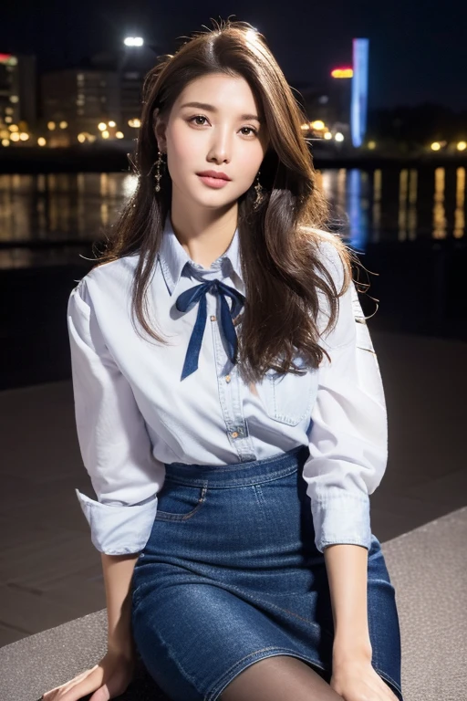 (8K, Highest quality, Ultra-high resolution、masterpiece、Raw photo)、Portrait, Ultra high resolution raw color photos, Professional photos、(Realistic, Real photo),(1 person)、(Delicate face、Detailed face and eyes、High definition eyes、double eyelid、Glossy lips)、Beautiful woman with perfect body、Full body image, Glowing Skin、Dark brown hair、Large Breasts、Sharp long legs、(Happy expression)、(Collared shirt)、(Denim midi skirt:1.2)、(silk pantyhose)、High heels、Sitting pose, High-definition skin texture、Night in the background、Wind、Starry Sky、moon、((Perfect body、Perfect Anatomy、Anatomically correct))