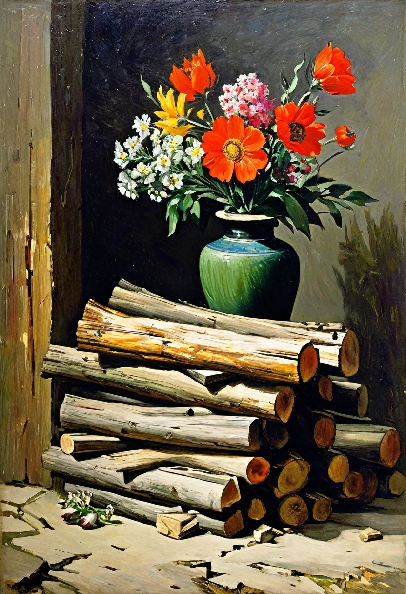 painting depicting a stack of firewood and a vase with flowers, Konstantin Zapadnikov, Stanislav Zhukovsky, Vasily Maximov, Igor Grabar, Konstantin Savitsky, Fyodor Slavyansky, Abram Arkhipov, Alexander Ivanovich Laktionov