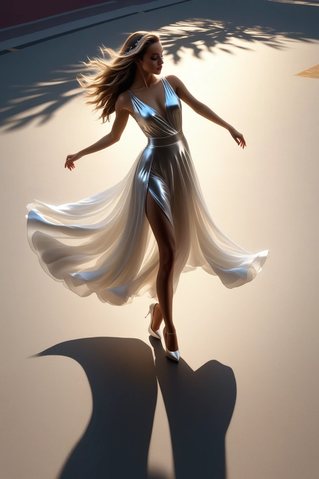 (best quality,4k,8k,highres,masterpiece:1.2),ultra-detailed,(realistic,photorealistic,photo-realistic:1.37),A beautiful dancing girl with a long shadow on the ground,clear and beautiful dancing girl