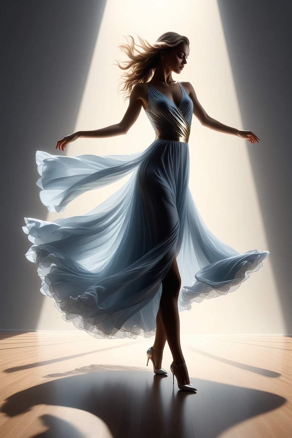 (best quality,4k,8k,highres,masterpiece:1.2),ultra-detailed,(realistic,photorealistic,photo-realistic:1.37),A beautiful dancing girl with a long shadow on the ground,clear and beautiful dancing girl