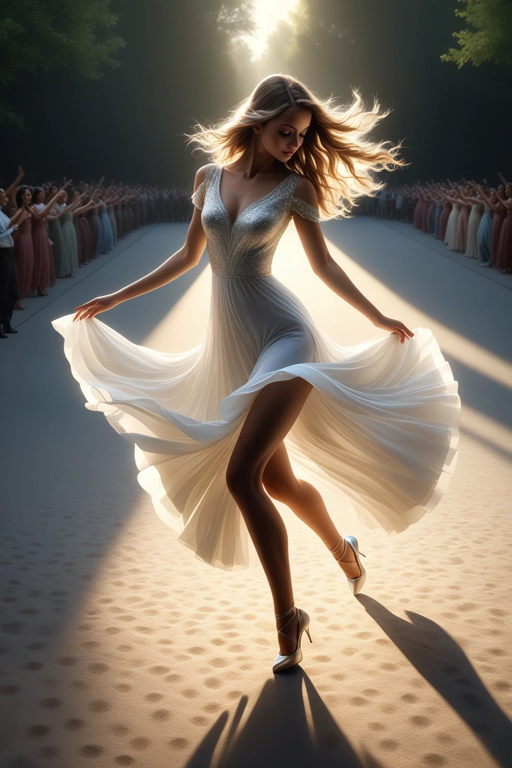 (best quality,4k,8k,highres,masterpiece:1.2),ultra-detailed,(realistic,photorealistic,photo-realistic:1.37),A beautiful dancing girl with a long shadow on the ground,clear and beautiful dancing girl
