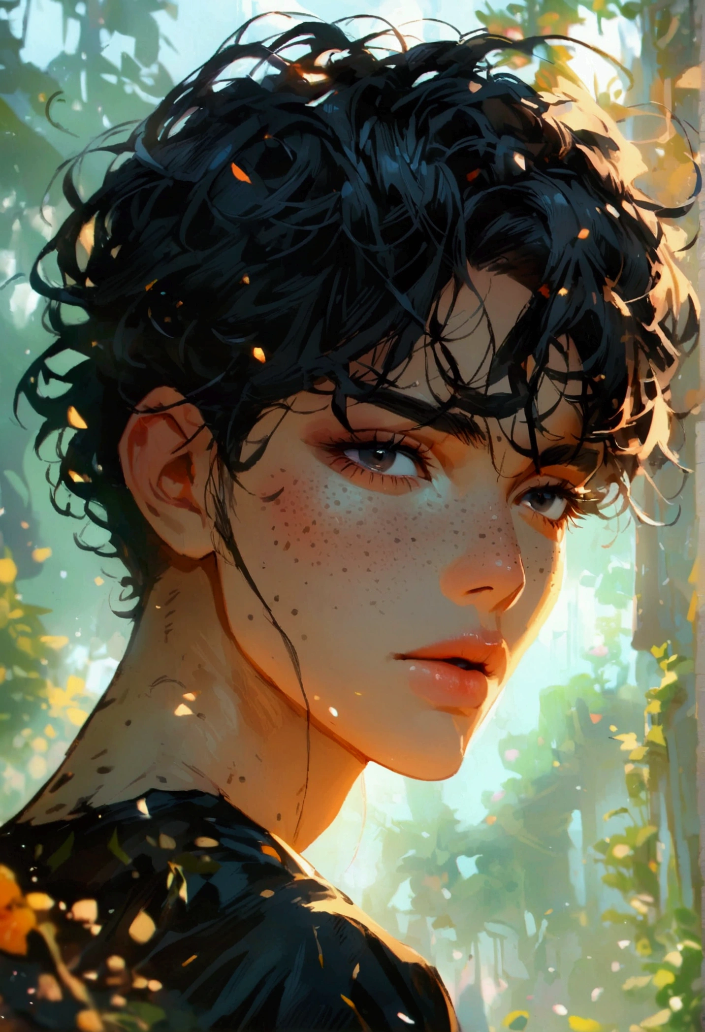 Feminine male with black curly hair, freckles, black eyes