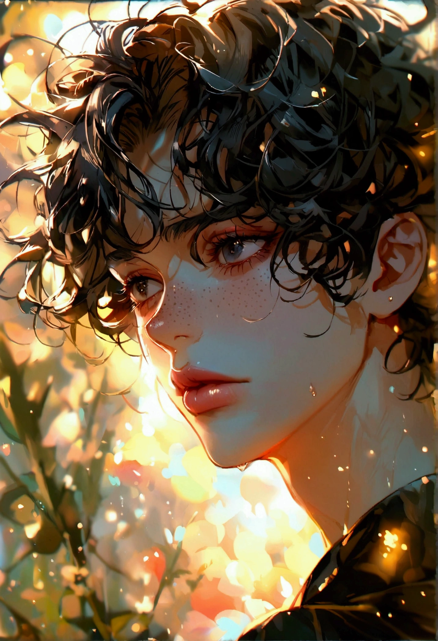Feminine male with black curly hair, freckles, black eyes