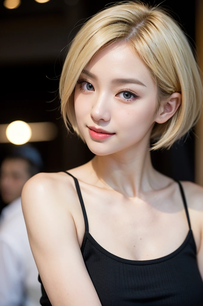 raw photo,Cute 25 year old Japanese、city、shopping、Highly detailed face、Pay attention to the details、double eyelid、Beautiful thin nose、Sharp focus:1.2、Beautiful woman:1.4、Shibuya-style gal、(Blonde Hair,short hair、),short blonde hair、Pure white skin、Highest quality、masterpiece、Ultra-high resolution、(Realistic:1.4)、非常に詳細でプロフェッショナルなillumination、nice smile、Large Breasts、Hcup bust、full body、Glamorous Black Camisole、The background is night、Night、illumination、Twilight、one girl