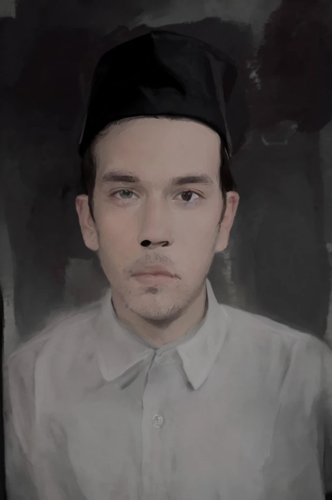 Colored portrait of a man wearing a black cap, plain white collared shirt, abstract wall background