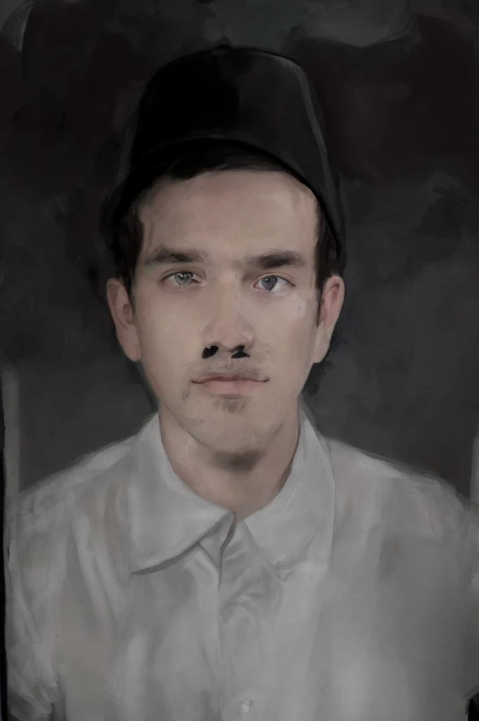 Colored portrait of a man wearing a black cap, plain white collared shirt, abstract wall background