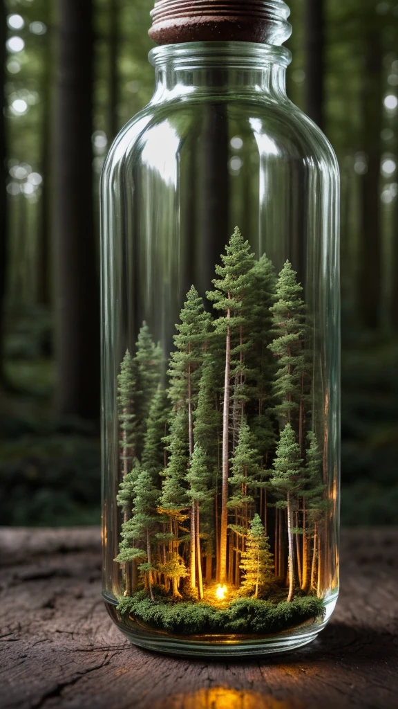 (An intricate forest minitown landscape trapped in a bottle), atmospheric oliva lighting, on the table, 4k UHD, dark vibes, hyper detailed, vibrant colours forest background, epic composition, octane render, sharp focus, high resolution isometric