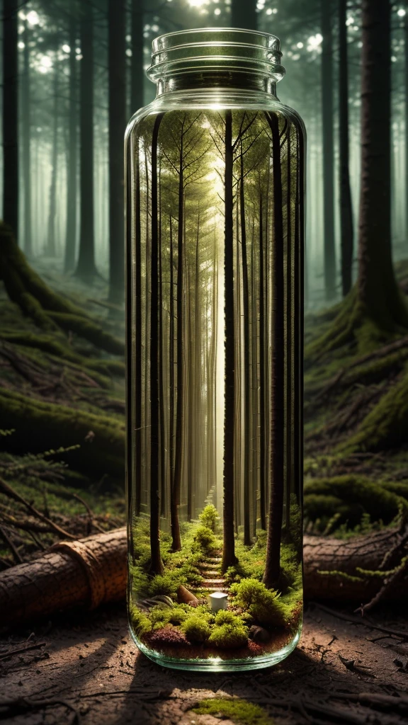 (An intricate forest minitown landscape trapped in a bottle), atmospheric oliva lighting, on the table, 4k UHD, dark vibes, hyper detailed, vibrant colours forest background, epic composition, octane render, sharp focus, high resolution isometric