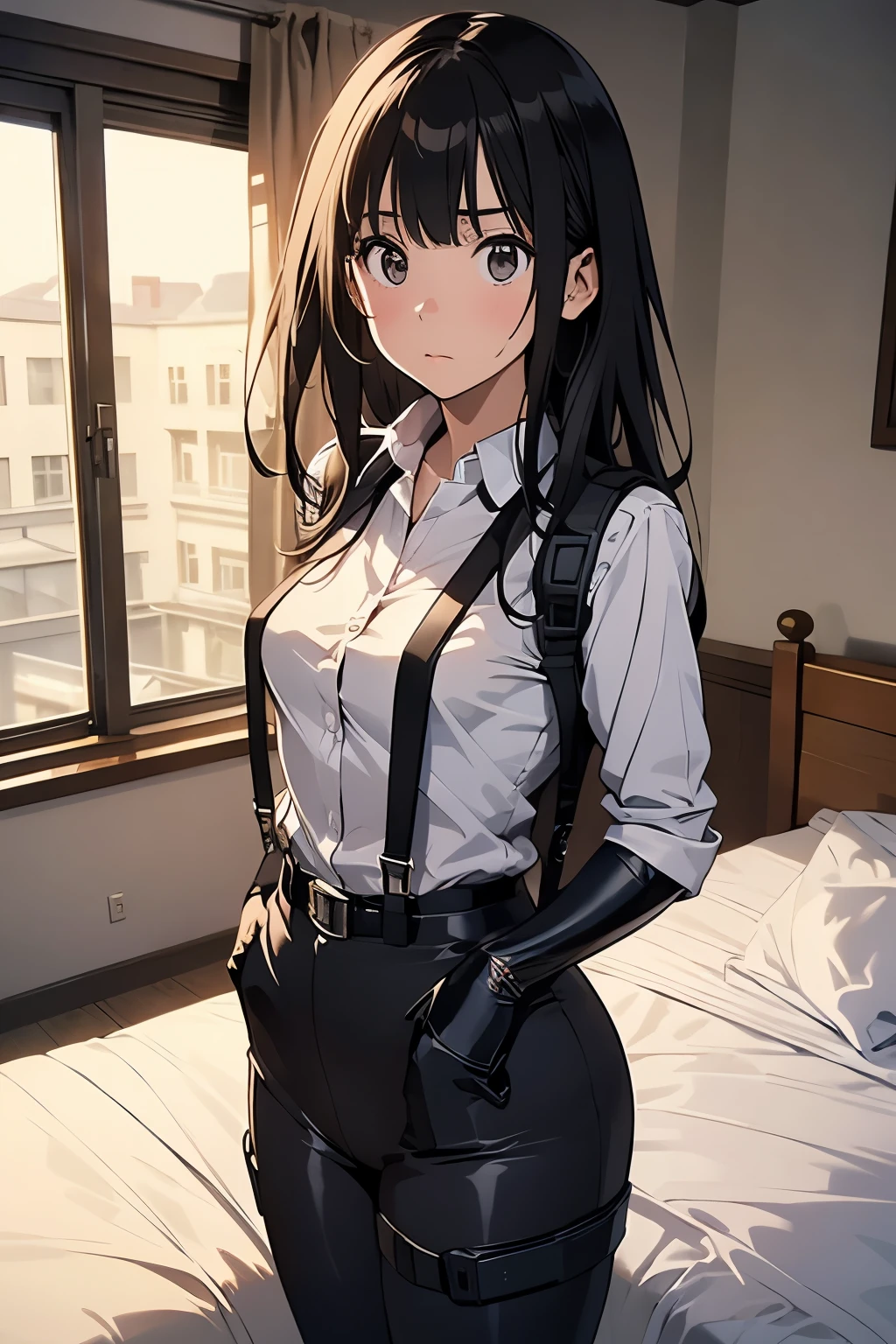 1 female, , high quality, masterpiece, Ultra-high resolution, , Cinema Lighting, , , And the suspenders with the cranes flying　　　Moderate breasts　 　 　　　　Small face　 　　　holster　　　　　　　 Lying in bed　Looking up　　　　Sweat 　　　belt　summer　脇Sweat 　Black Hole Gloves　suit　shirt　　Black jacket　 Black trousers　Leg Links　ズボンにbelt　　holster　 　　Hands behind your back　 Anxious expression　Looking up　Anxious face, legs apart　