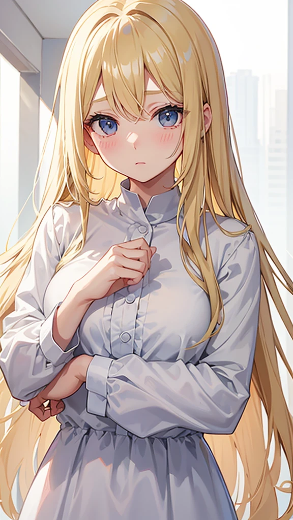Blonde Plain girl The eyes are covered by the bangs blush Expressionless White long dress