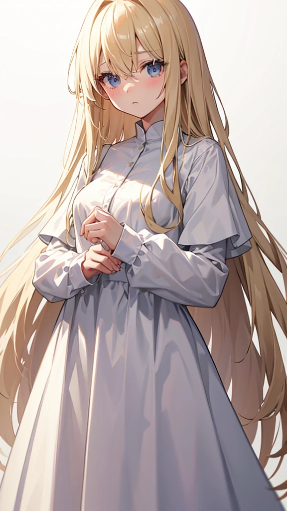 Blonde Plain girl The eyes are covered by the bangs blush Expressionless White long dress