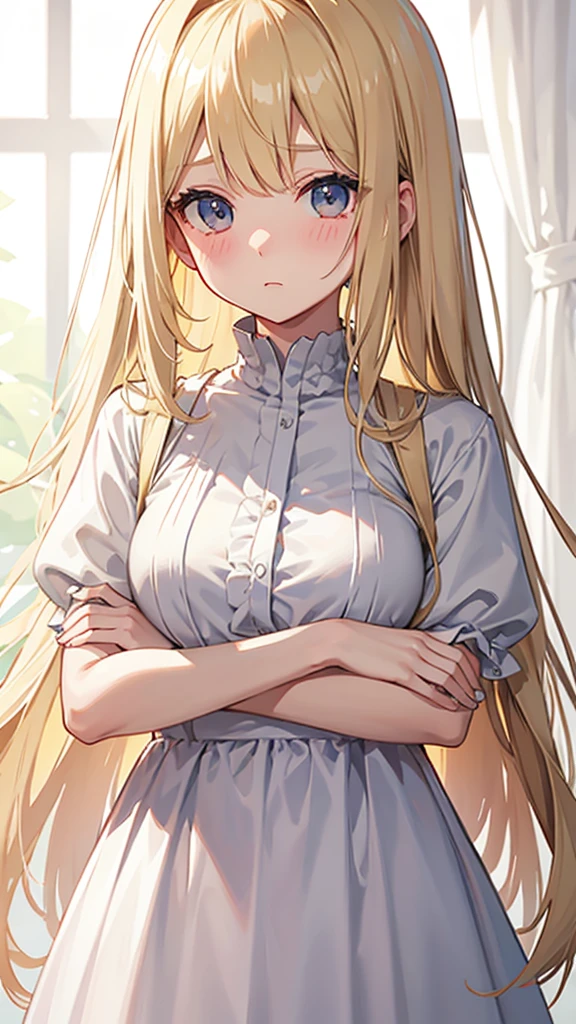Blonde Plain girl The eyes are covered by the bangs blush Expressionless White long dress