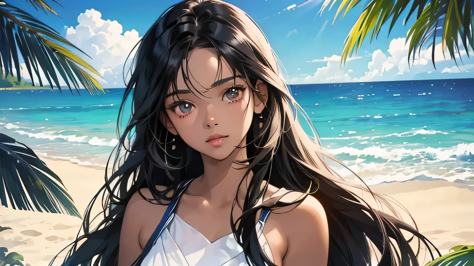 A young woman with dark skin and long black hair wearing a swimsuit on a tropical beach, Realistic anime art style, Beautiful anime portraits, Digital anime illustration, Realistic anime art style, Anime Moe Art Style, Cute girl anime visuals, Anime young woman wearing swimsuit on tropical beach, Young Anime Girl, Attractive anime girl, Anime style portrait, Gweißwind