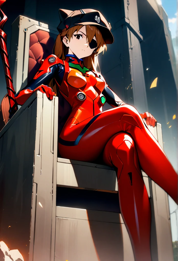 1girl, ayanami rei langley, neon genesis evangelion, rebuild of evangelion, lance of longinus, cat hat, plugsuit, pilot suit, red bodysuit, sitting, crossed legs, black eye patch, throne, looking down, from bottom, looking at viewer, outdoors, masterpiece, best quality, very aesthetic, absurdres