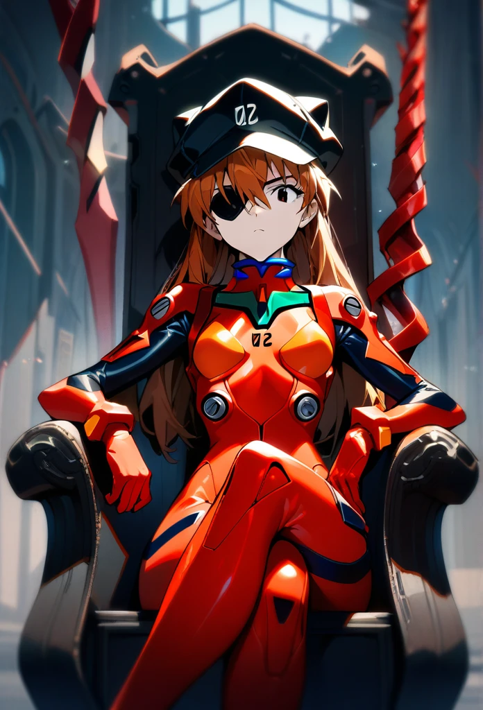 1girl, ayanami rei langley, neon genesis evangelion, rebuild of evangelion, lance of longinus, cat hat, plugsuit, pilot suit, red bodysuit, sitting, crossed legs, black eye patch, throne, looking down, from bottom, looking at viewer, outdoors, masterpiece, best quality, very aesthetic, absurdres