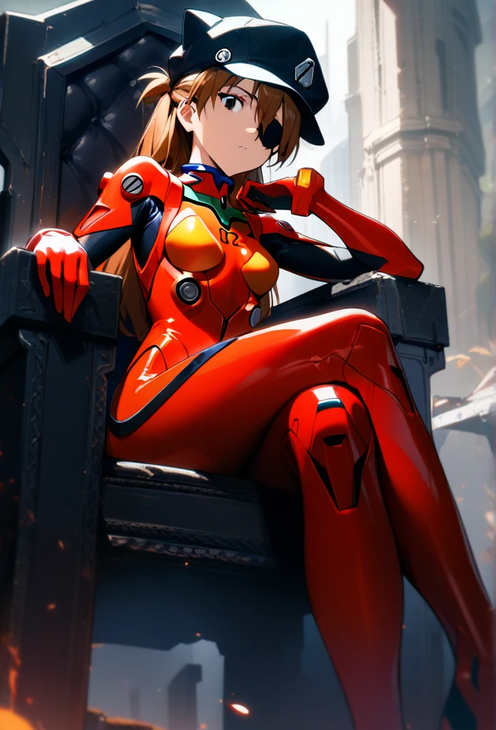 1girl, ayanami rei langley, neon genesis evangelion, rebuild of evangelion, lance of longinus, cat hat, plugsuit, pilot suit, red bodysuit, sitting, crossed legs, black eye patch, throne, looking down, from bottom, looking at viewer, outdoors, masterpiece, best quality, very aesthetic, absurdres