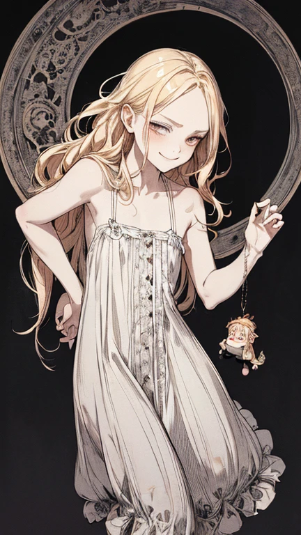 Highest quality, (Background details), High Contrast, Very beautiful  , Detailed original illustrations,very small stature、、Villain、gnome, Wavy platinum blonde hair、 Delicate face,  Spoiled brat、White sundress、Real breasts, Flat Chest、Wicked Smile, Evil Eye, Black background, (Black background: 1. 5), Beautiful line art, Monochrome