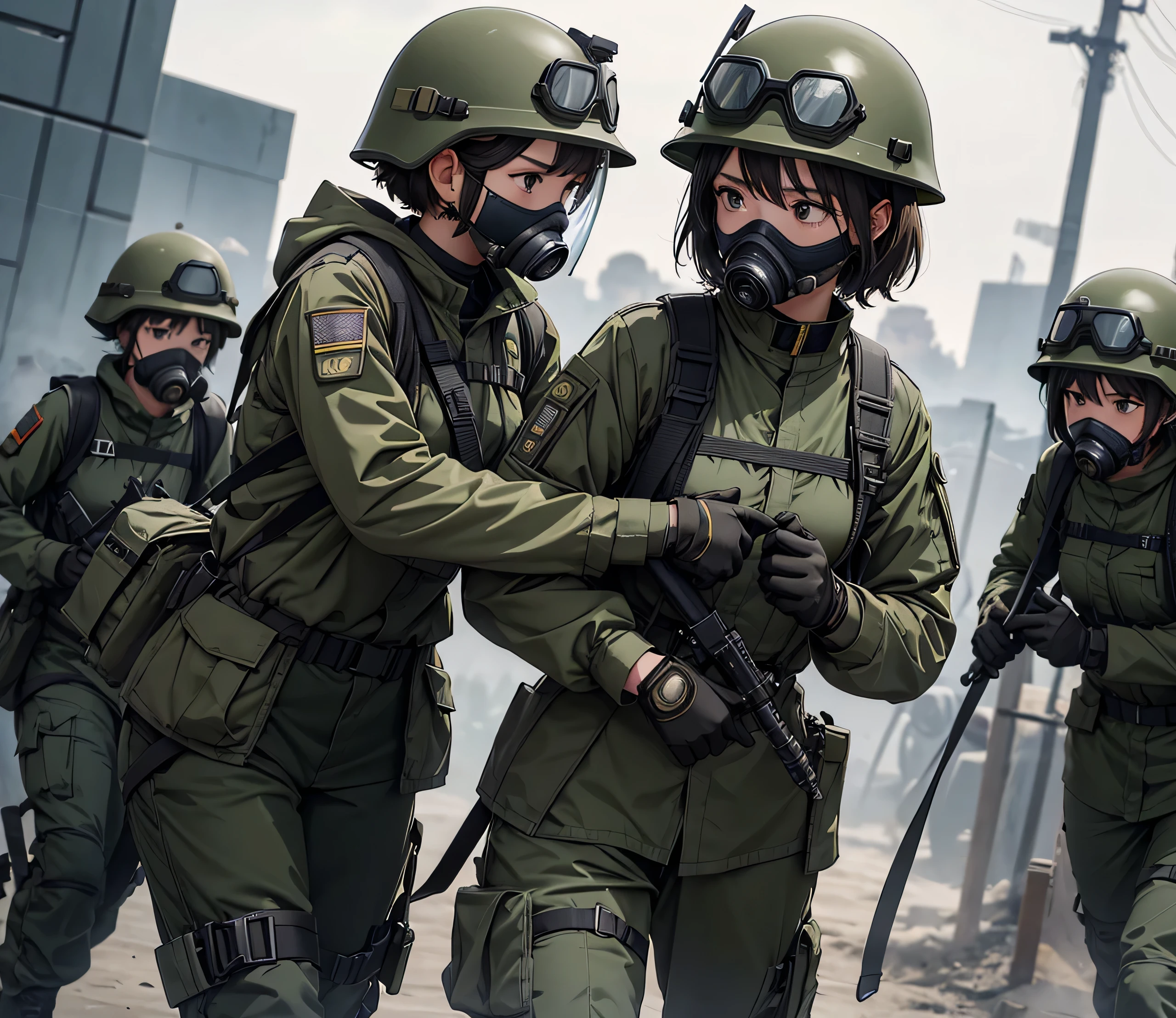 A group of female soldiers fighting in hand-to-hand combat，Wear a steel helmet、Goggles、Gas Mask、Wearing M-51 military uniform、Tactical shoulder strap、Write details、masterpiece、best quality、Highly detailed CG、8K picture quality