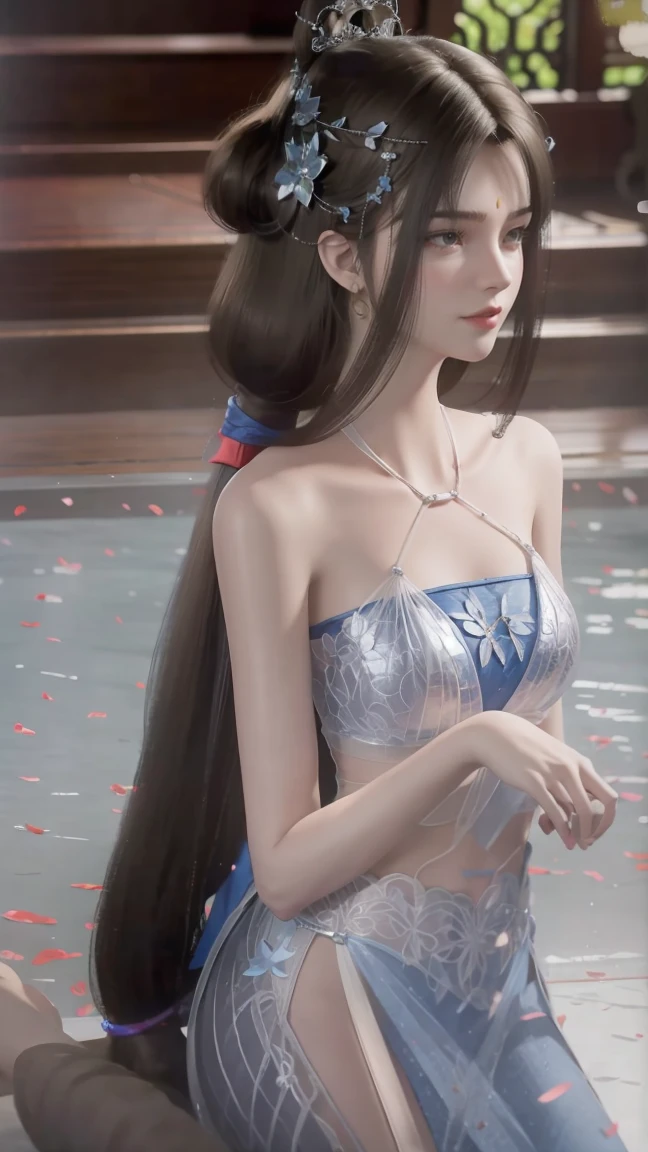 A beautiful young woman,Long hair,Wearing pajamas,Sitting on the bed,barefoot,Wearing a dress,Side-lying,Cross-legged,full-body shot,(Best image quality,4K,8K,HD,Excellent Works:1.2),Ultra Detailed,(Practical,Practical,Practical:1.37),Exquisite eyes,Delicate lips,Extremely detailed face and eyes,Long eyelashes,Natural light,Warm colors,Soft Focus,,portrait,Chiaroscuro,Deep scene,Blue eyes,Jade Hands,Clear your fingers