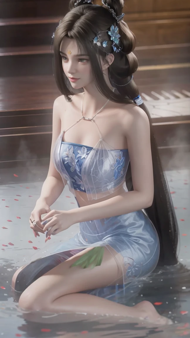 A beautiful young woman,Long hair,Wearing pajamas,Sitting on the bed,barefoot,Wearing a dress,Side-lying,Cross-legged,full-body shot,(Best image quality,4K,8K,HD,Excellent Works:1.2),Ultra Detailed,(Practical,Practical,Practical:1.37),Exquisite eyes,Delicate lips,Extremely detailed face and eyes,Long eyelashes,Natural light,Warm colors,Soft Focus,,portrait,Chiaroscuro,Deep scene,Blue eyes,Jade Hands,Clear your fingers