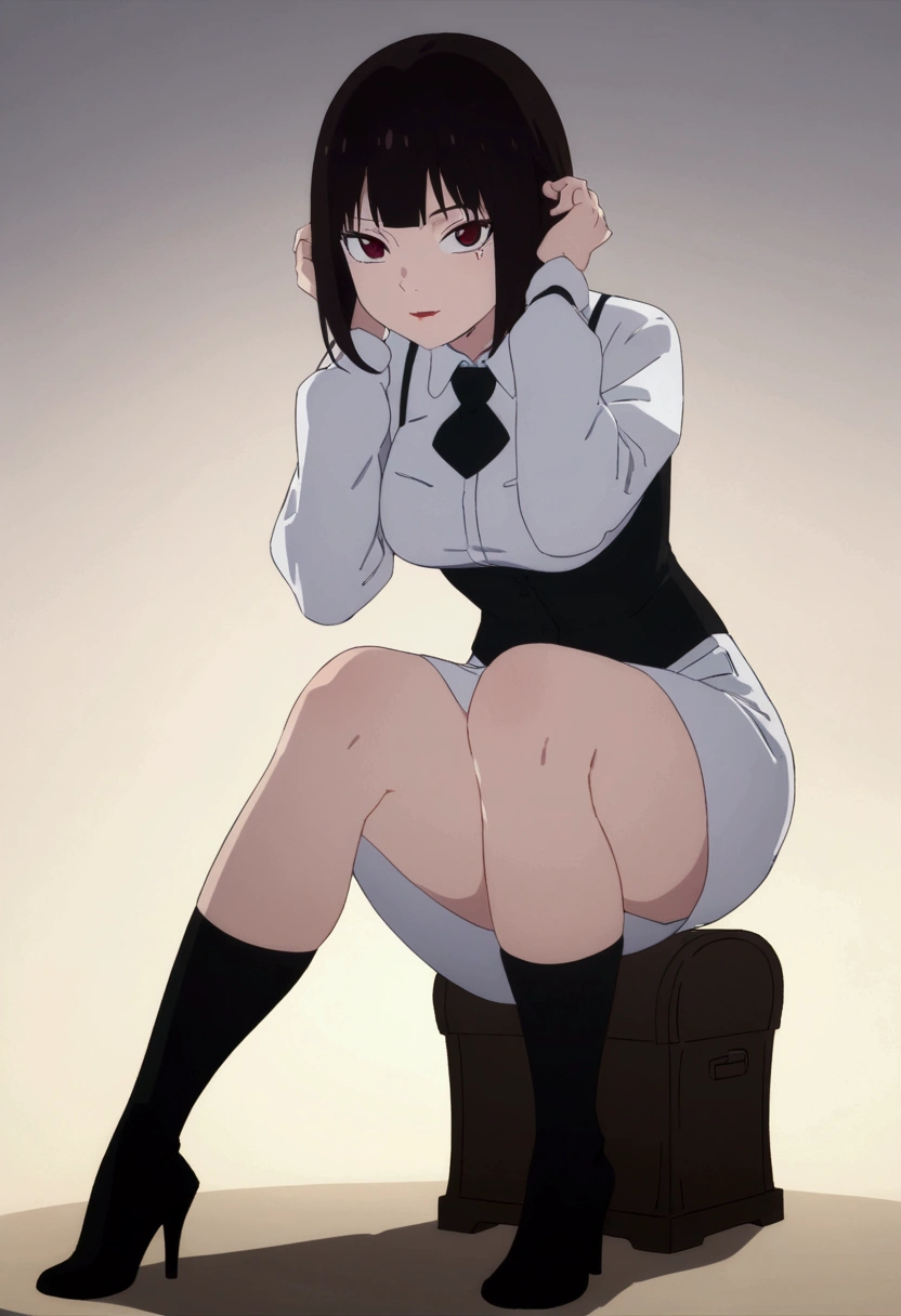 (work of art, ultra detali,high resolution,8K), 1 girl ,standing alone,hinterland,Look to viewer, TochaTortura, trunk,sheen,brunette skin,crouched,sultry gaze,Hands behind the head,black socks,ssmile,lowered,crouched,on his knees
